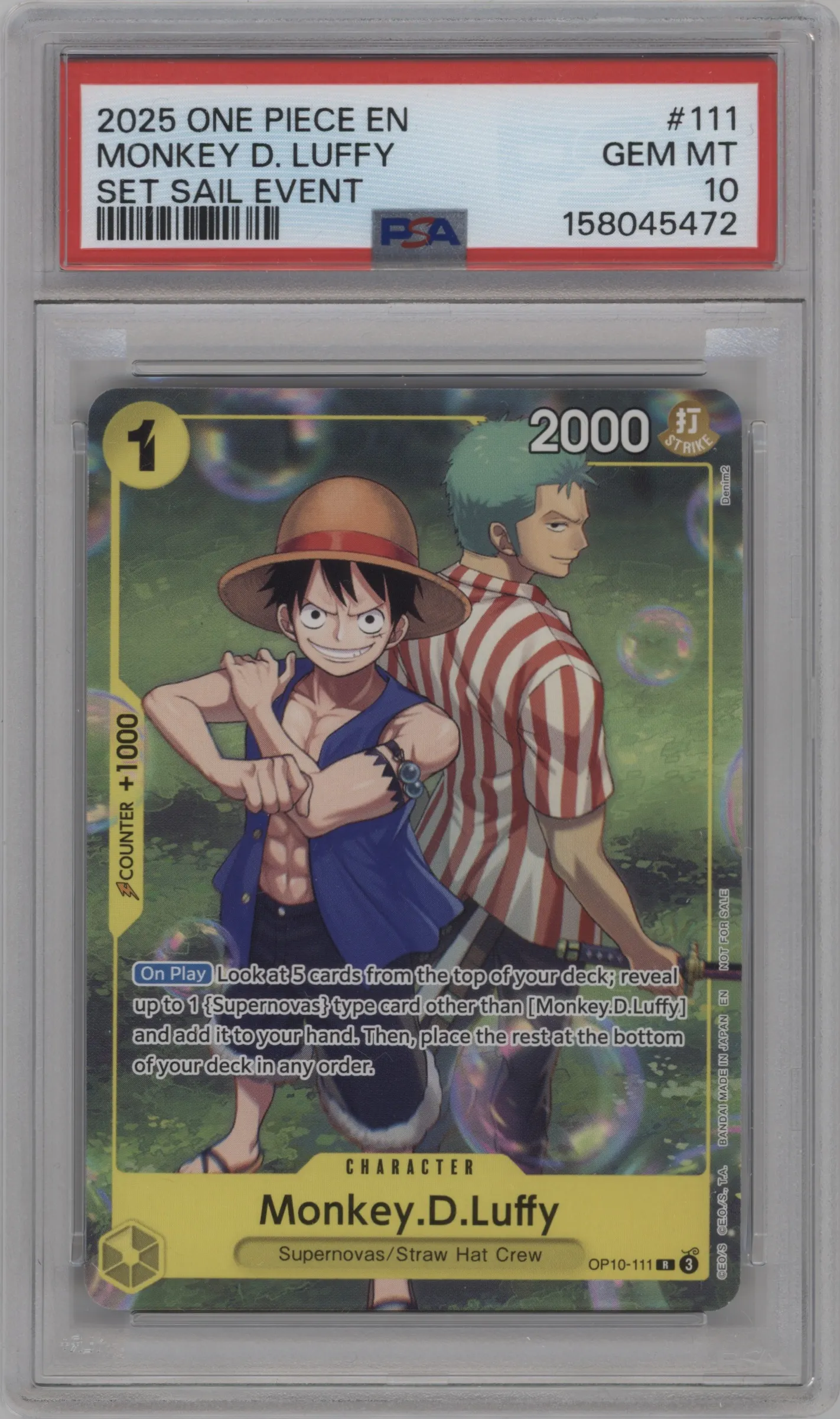 2025 One Piece Monkey.D.Luffy Set Sail Event R #OP10-111 R PSA 10