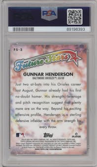 Gunnar Henderson from the 2023 Topps Chrome Logofractor Edition set featuring a Yellow Refractor parallel graded by PSA and given an overall grade of 9.