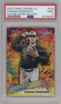 Gunnar Henderson from the 2023 Topps Chrome Logofractor Edition set featuring a Yellow Refractor parallel graded by PSA and given an overall grade of 9.