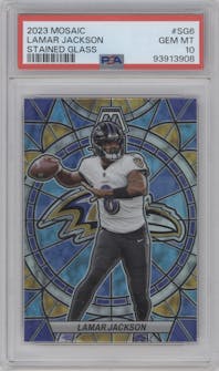 Lamar Jackson from the 2023 Panini Mosaic set graded by PSA and given an overall grade of 10.