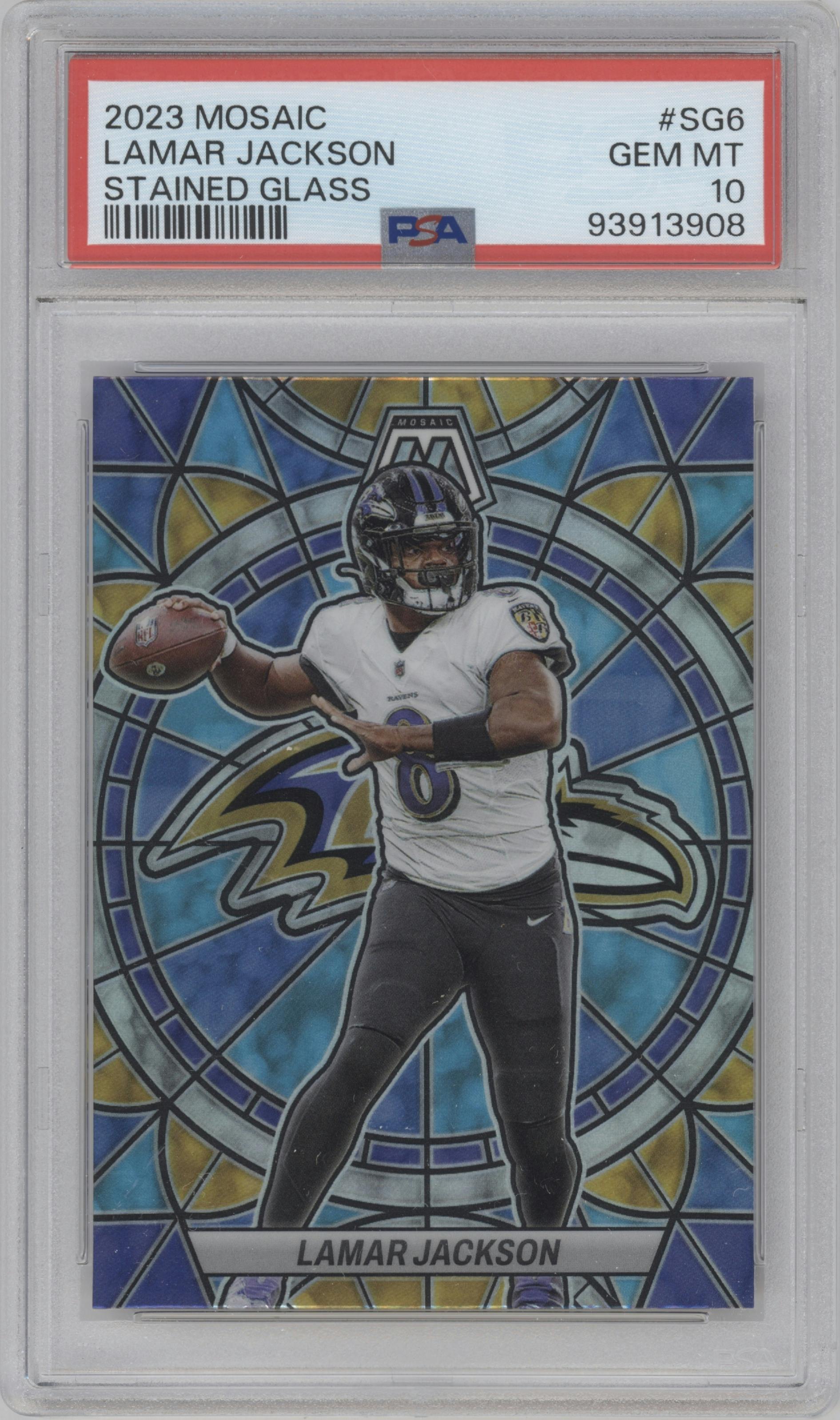 Lamar Jackson from the 2023 Panini Mosaic set graded by PSA and given an overall grade of 10.