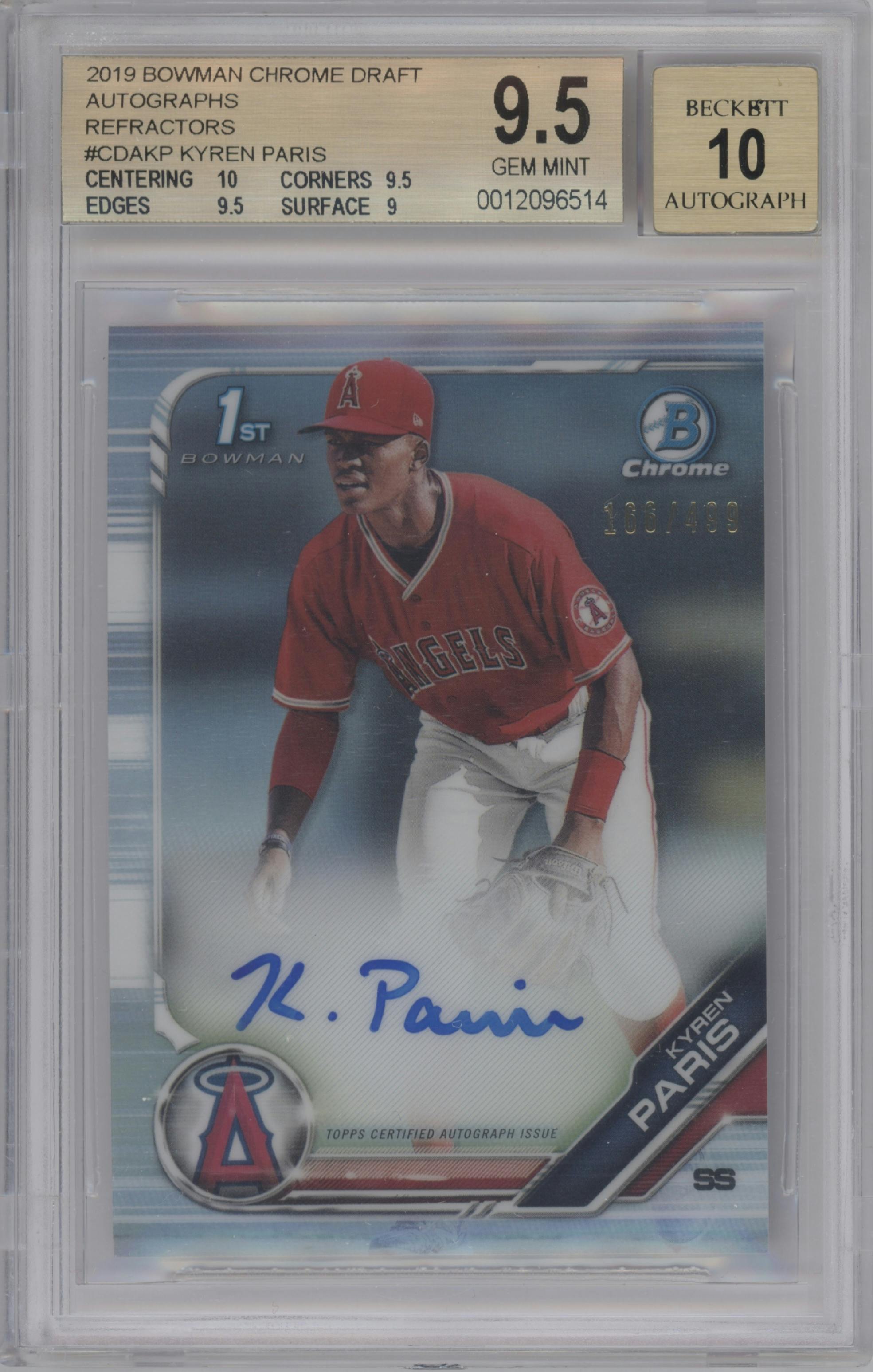 Kyren Paris from the 2019 Bowman Draft set featuring a Refractor parallel graded by Beckett and given an overall grade of 9.5.