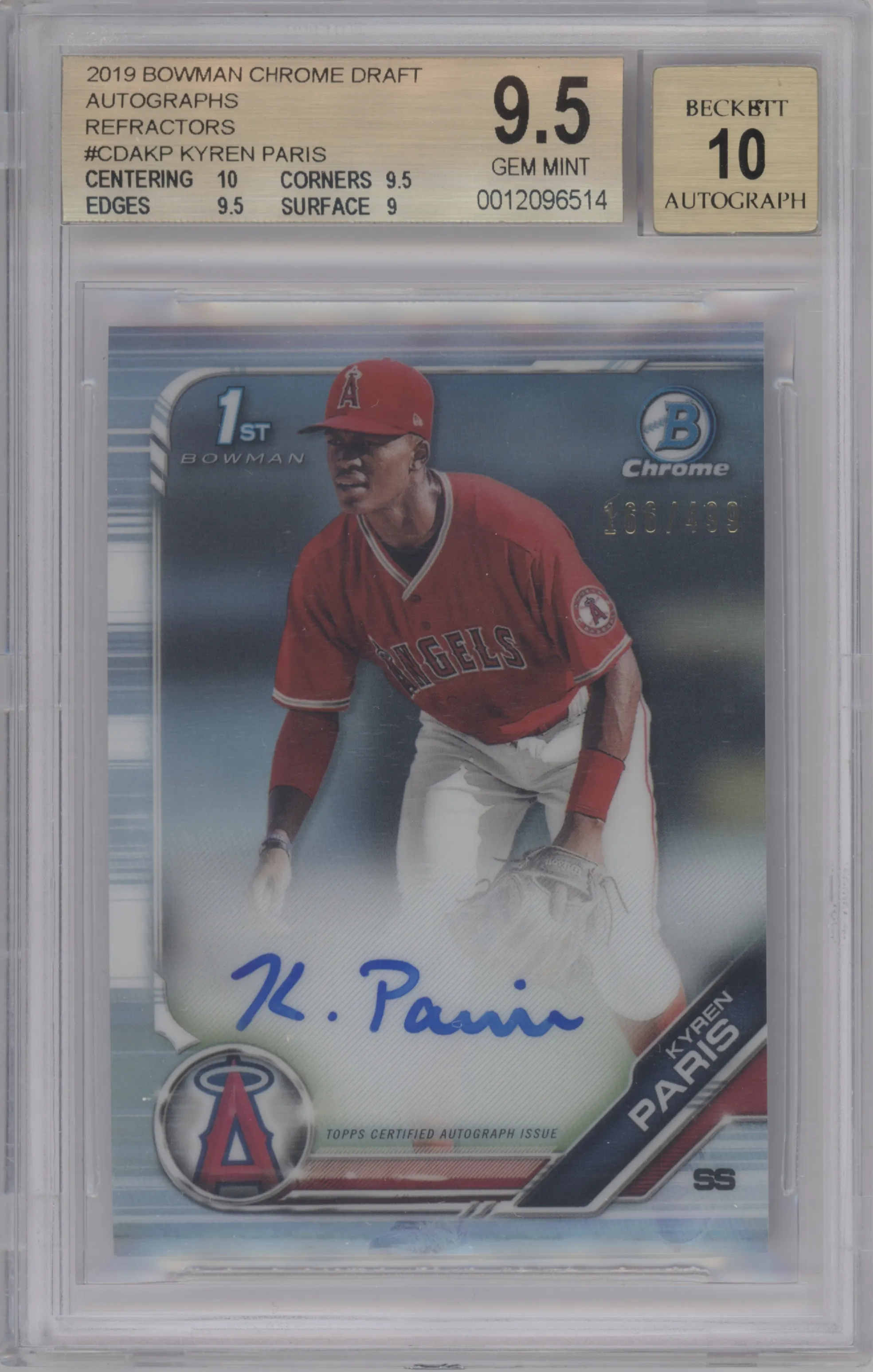 2019 Bowman Draft Chr.DP Auto Kyren Paris Refractor #CDA-KP BGS 9.5