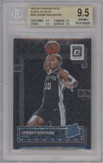 Jeremy Sochan from the 2022-23 Panini Donruss Optic  set featuring a Black Velocity parallel graded by Beckett and given an overall grade of 9.5.