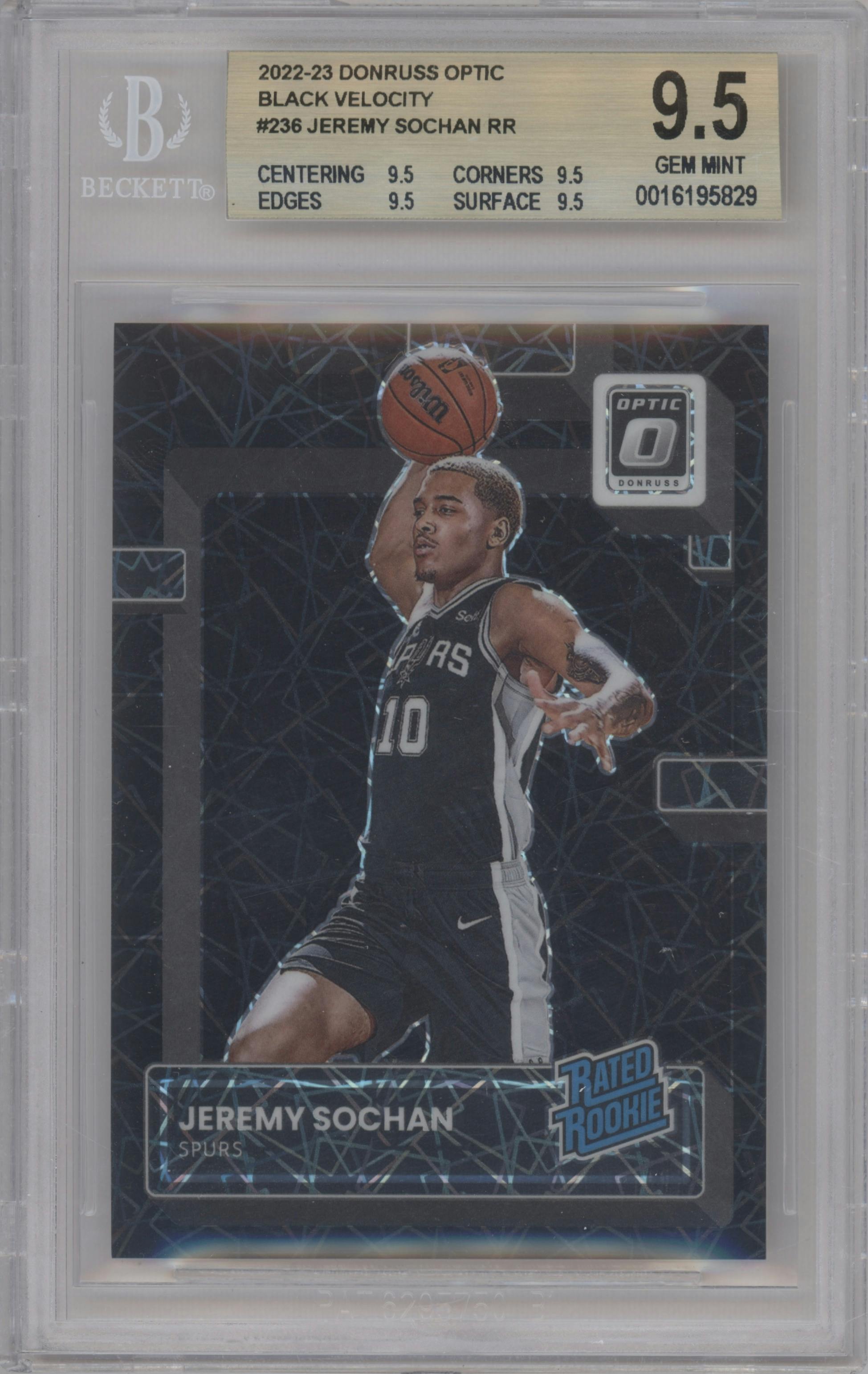Jeremy Sochan from the 2022-23 Panini Donruss Optic  set featuring a Black Velocity parallel graded by Beckett and given an overall grade of 9.5.