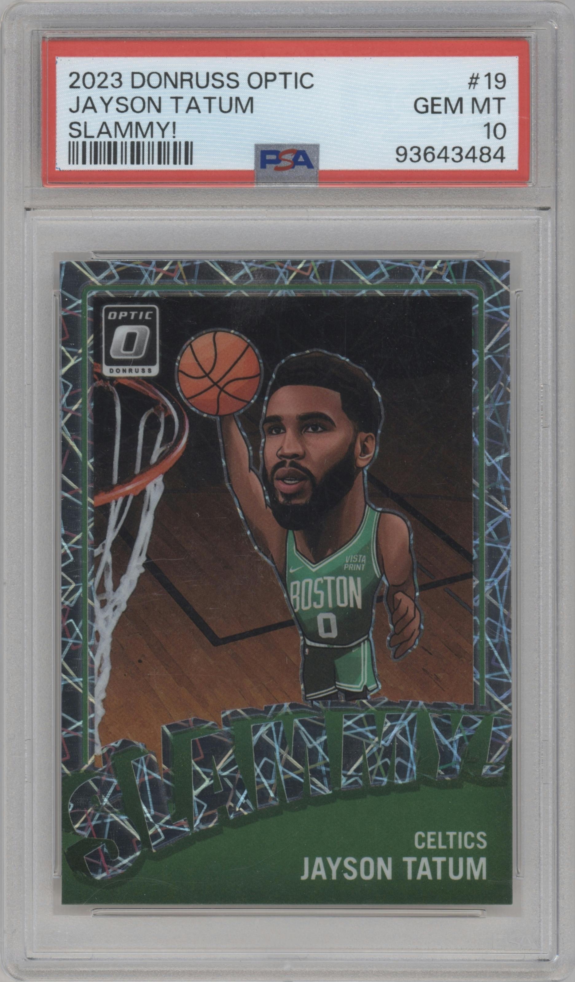 Jayson Tatum from the 2023-24 Donruss Optic set graded by PSA and given an overall grade of 10.