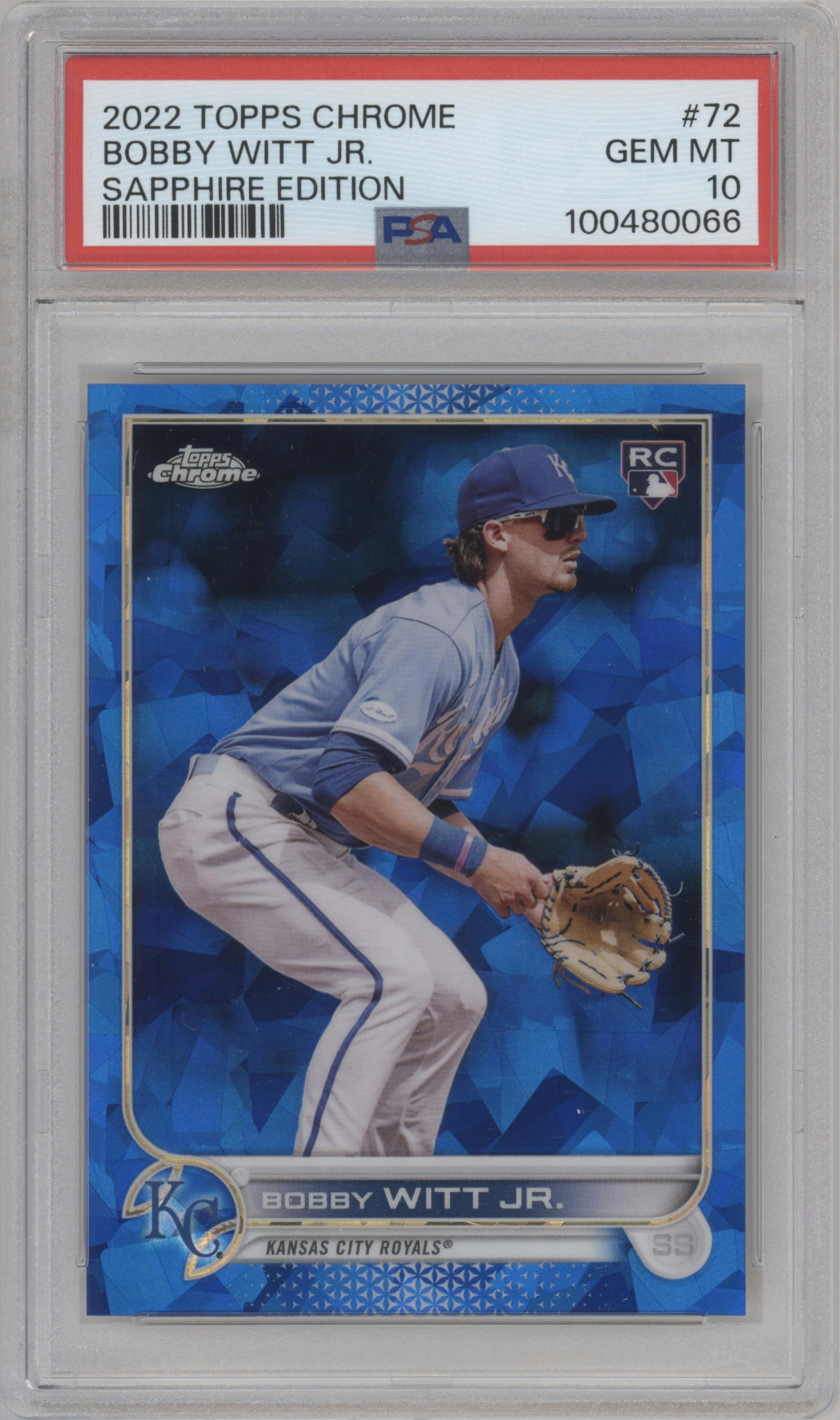 Bobby Witt Jr. from the 2022 Topps Chrome Sapphire Edition  set graded by PSA and given an overall grade of 10.