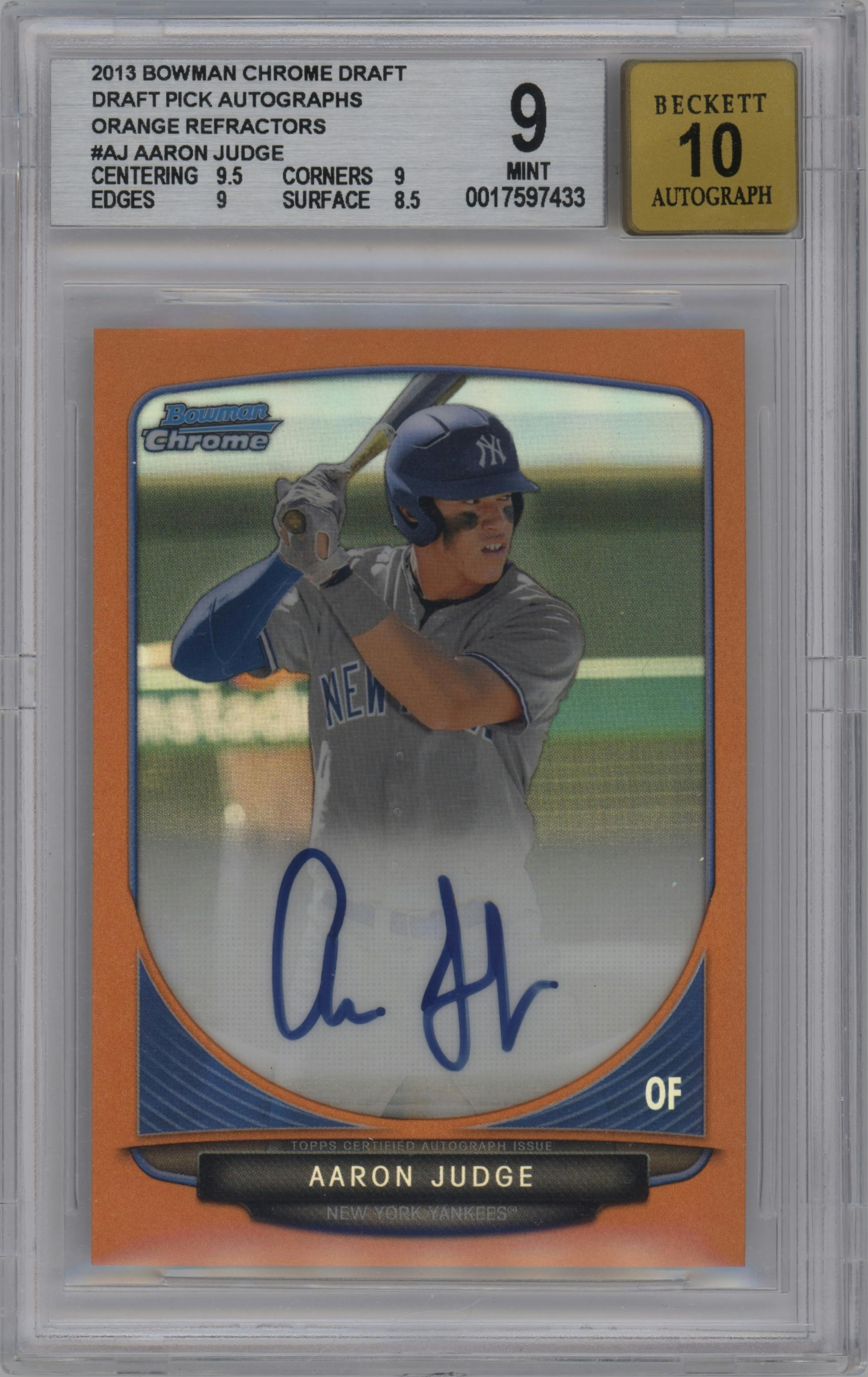 Aaron Judge from the 2013 Bowman Draft Picks & Prospects set featuring a Orange Refractors parallel graded by Beckett and given an overall grade of 9.