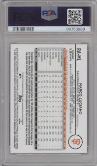 Marco Luciano  from the 2024 Topps Chrome set featuring a Black Refractor parallel graded by PSA and given an overall grade of 9.