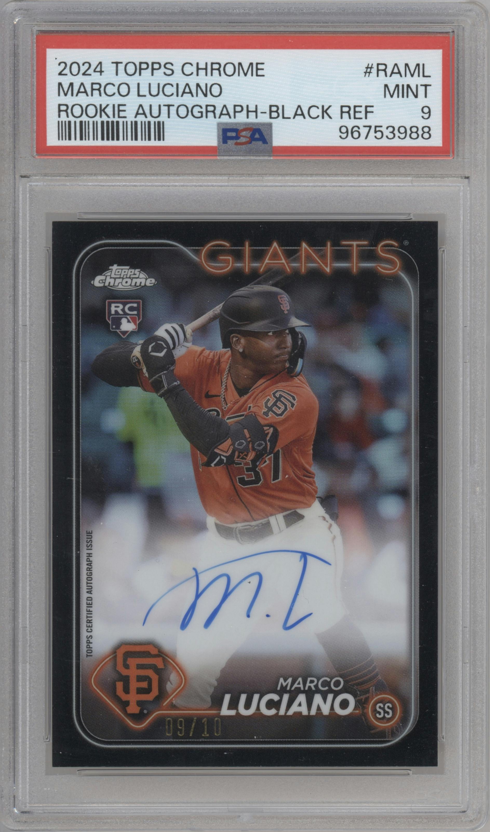 Marco Luciano  from the 2024 Topps Chrome set featuring a Black Refractor parallel graded by PSA and given an overall grade of 9.