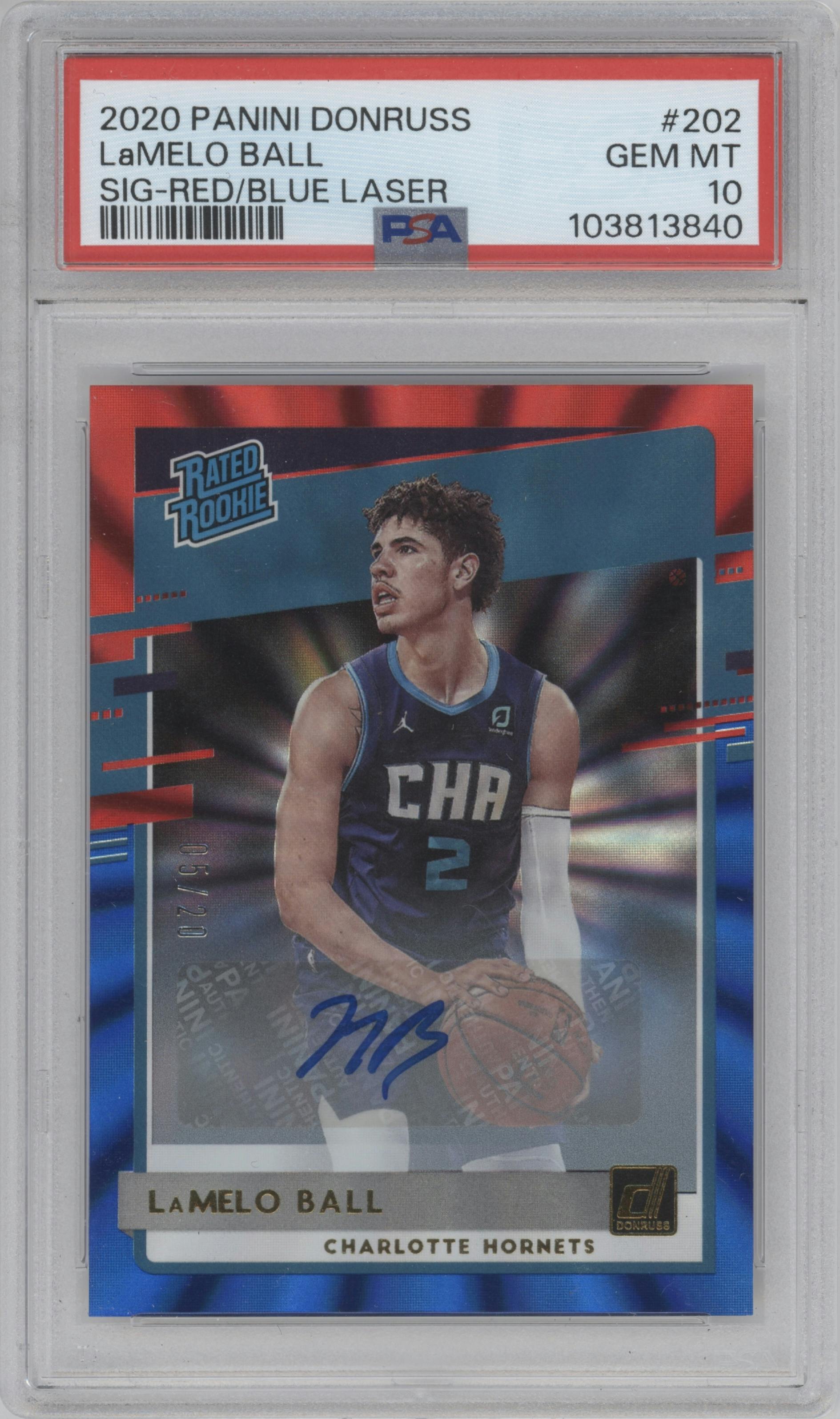 LaMelo Ball from the 2020-21 Panini Donruss set featuring a Red & Blue Laser parallel graded by PSA and given an overall grade of 10.