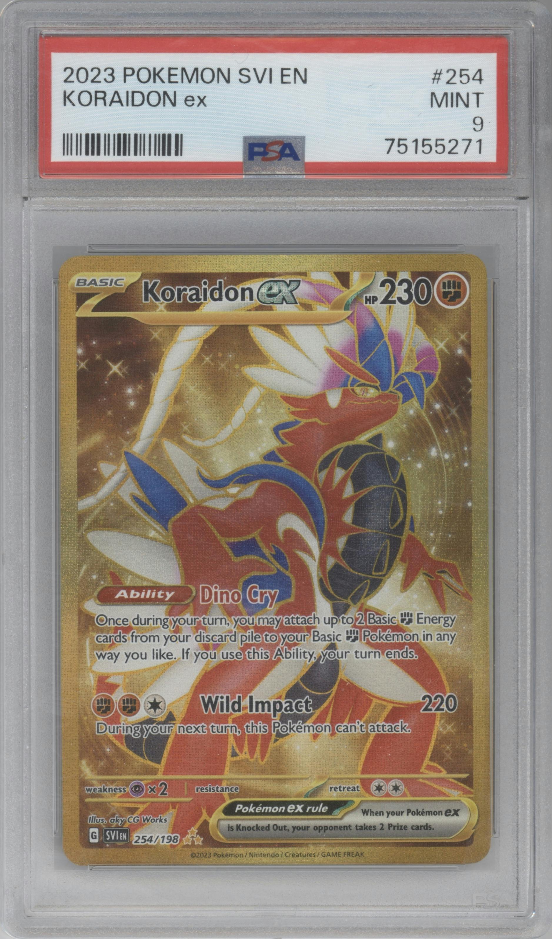 Koraidon EX from the 2023 Pokemon SV set graded by PSA and given an overall grade of 9.