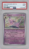 Espeon from the 2023 Pokemon SV set featuring a Best Buy Exclusive parallel graded by PSA and given an overall grade of 9.