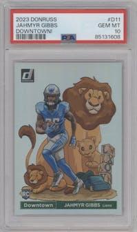 Jahmyr Gibbs from the 2023 Panini Donruss set graded by PSA and given an overall grade of 10.