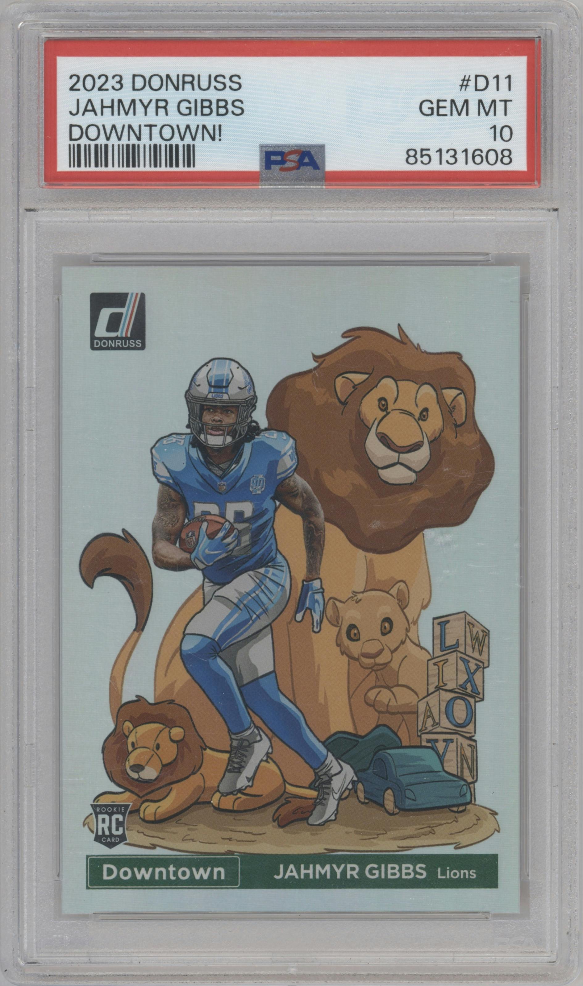 Jahmyr Gibbs from the 2023 Panini Donruss set graded by PSA and given an overall grade of 10.
