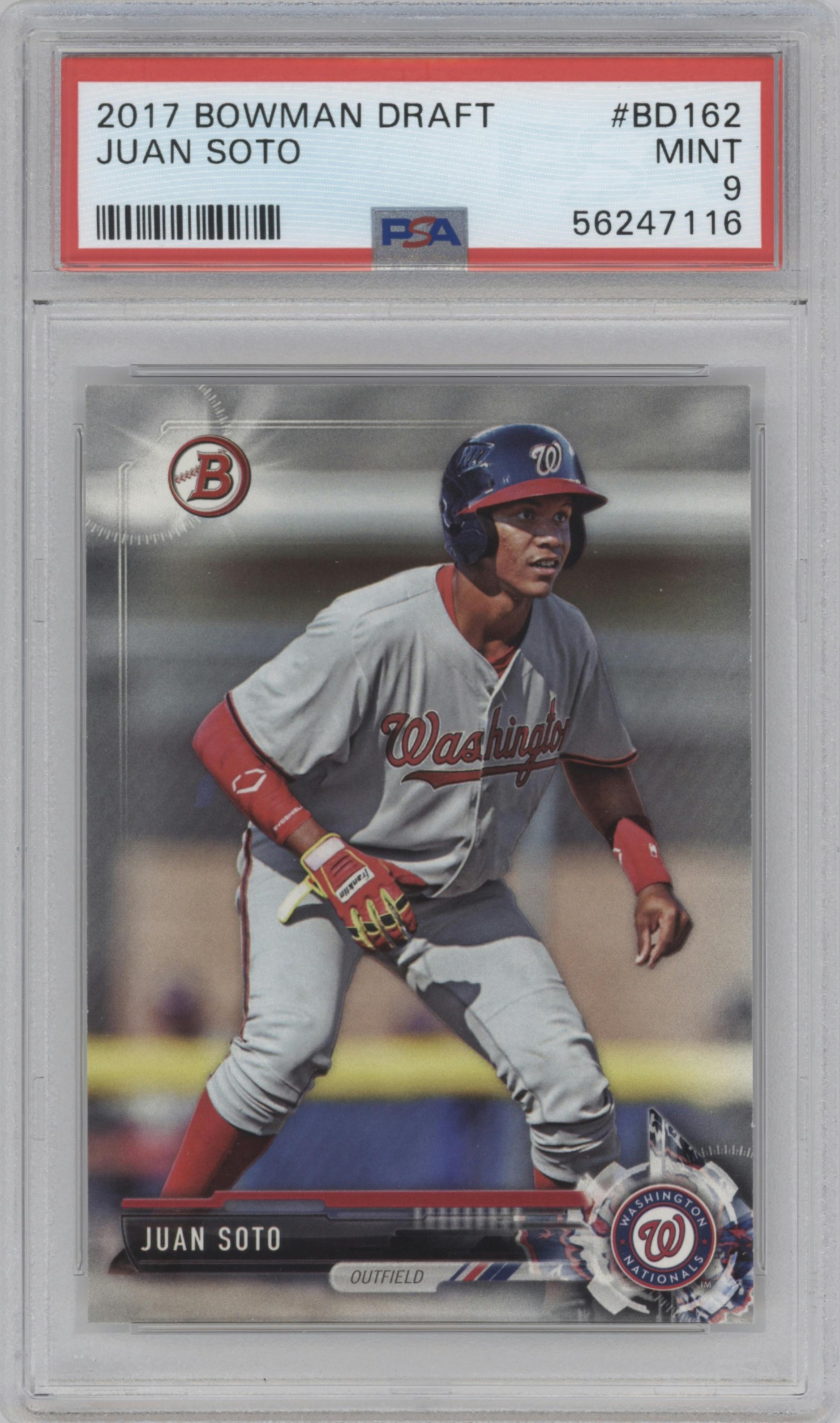 Juan Soto from the 2017 Bowman Draft set graded by PSA and given an overall grade of 9.