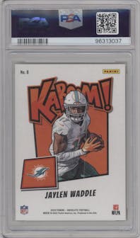 Jaylen Waddle from the 2023 Panini Absolute set featuring a Gold parallel graded by PSA and given an overall grade of 10.