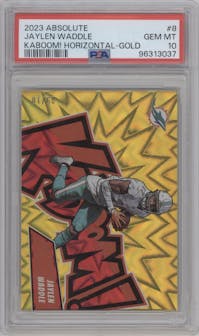Jaylen Waddle from the 2023 Panini Absolute set featuring a Gold parallel graded by PSA and given an overall grade of 10.