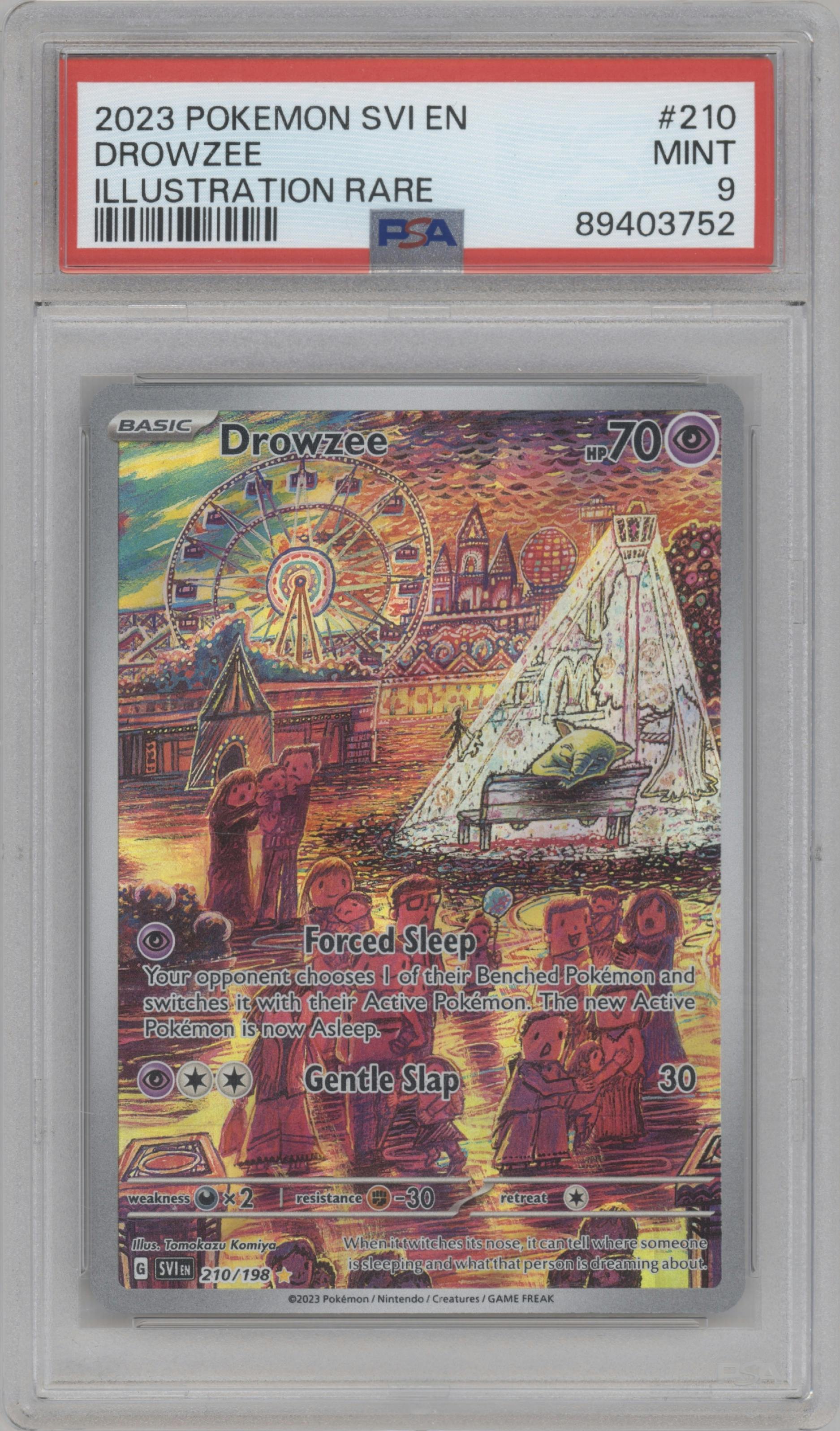 Drowzee from the 2023 Pokemon SV set graded by PSA and given an overall grade of 9.