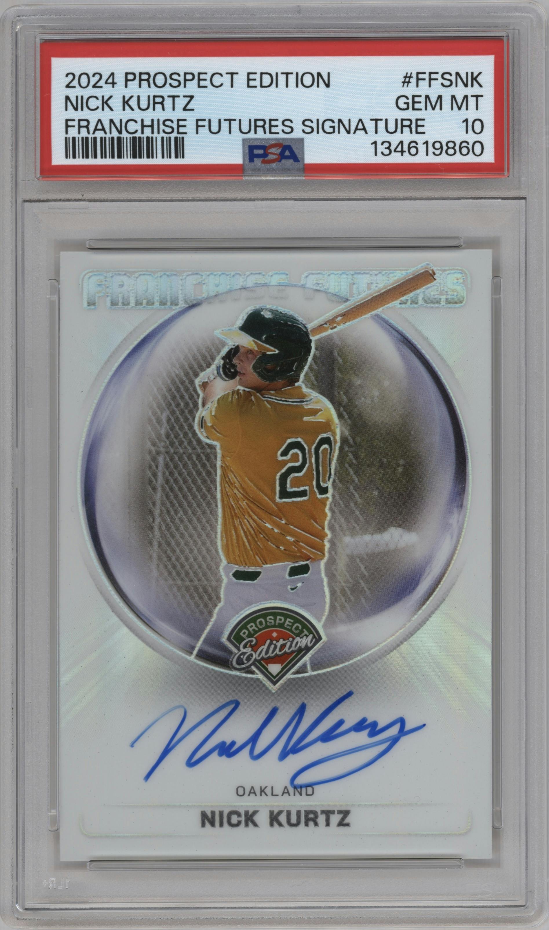 Nick Kurtz from the 2024 Panini Prospect Edition set graded by PSA and given an overall grade of 10.