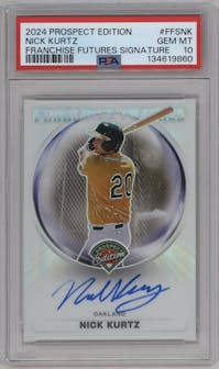 Nick Kurtz from the 2024 Panini Prospect Edition set graded by PSA and given an overall grade of 10.