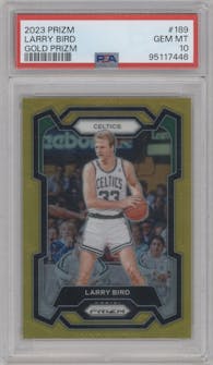 Larry Bird from the 2023-24 Panini Prizm set featuring a Gold Prizm parallel graded by PSA and given an overall grade of 10.
