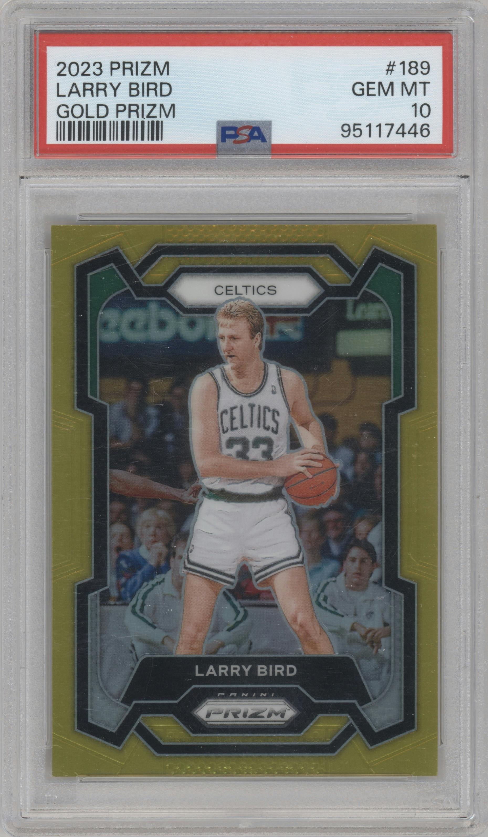 Larry Bird from the 2023-24 Panini Prizm set featuring a Gold Prizm parallel graded by PSA and given an overall grade of 10.