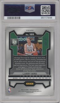 Larry Bird from the 2023-24 Panini Prizm set featuring a Gold Prizm parallel graded by PSA and given an overall grade of 10.
