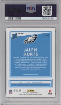 Jalen Hurts from the 2020 Panini Donruss set featuring a Red parallel graded by PSA and given an overall grade of 9.
