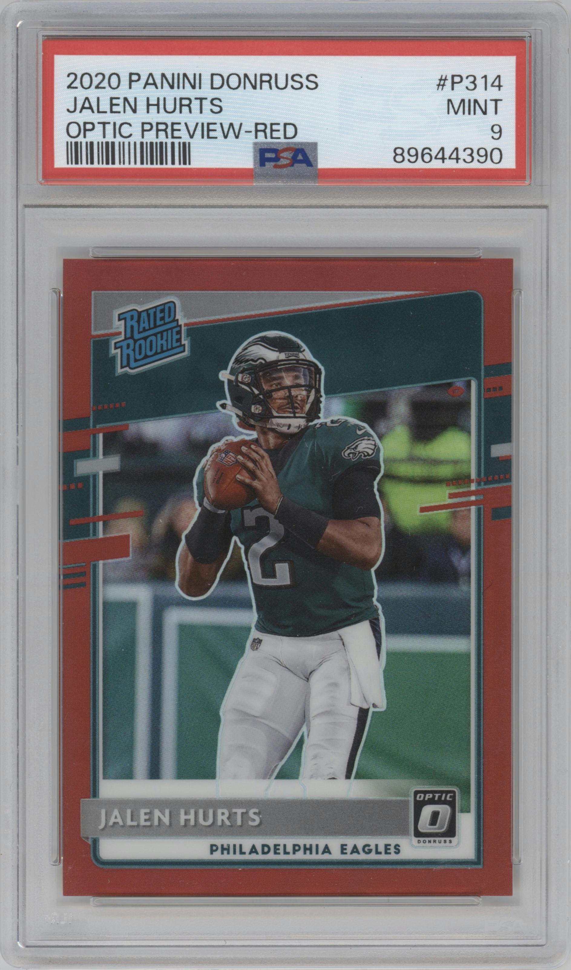 Jalen Hurts from the 2020 Panini Donruss set featuring a Red parallel graded by PSA and given an overall grade of 9.