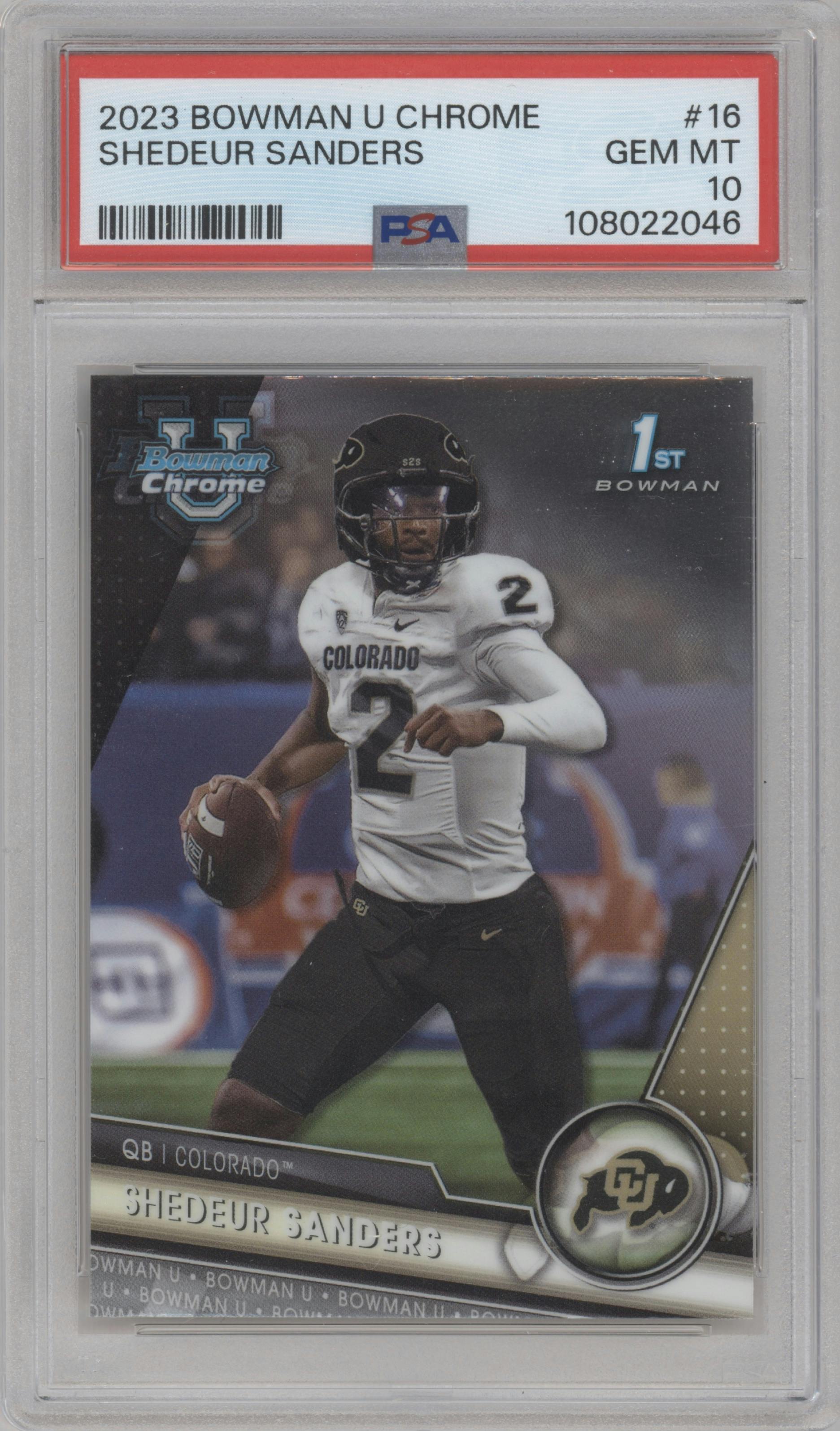 Shedeur Sanders from the 2023 Bowman Chrome University set graded by PSA and given an overall grade of 10.