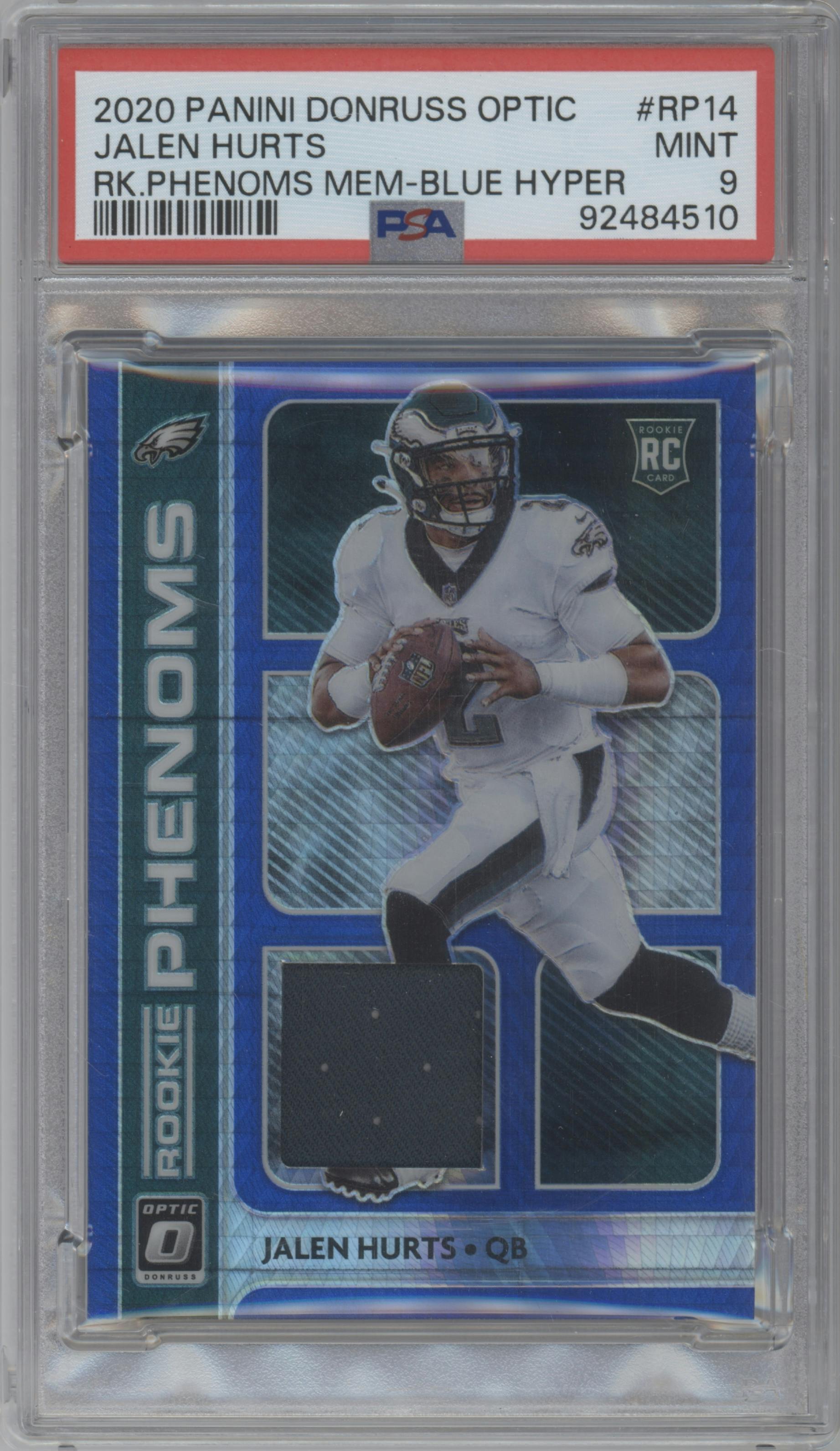 Jalen Hurts from the 2020 Panini Donruss Optic set featuring a Blue Hyper parallel graded by PSA and given an overall grade of 9.