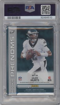 Jalen Hurts from the 2020 Panini Donruss Optic set featuring a Blue Hyper parallel graded by PSA and given an overall grade of 9.
