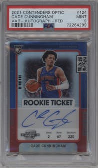 Cade Cunningham from the 2021-22 Panini Contenders Optic set featuring a Red parallel graded by PSA and given an overall grade of 9.