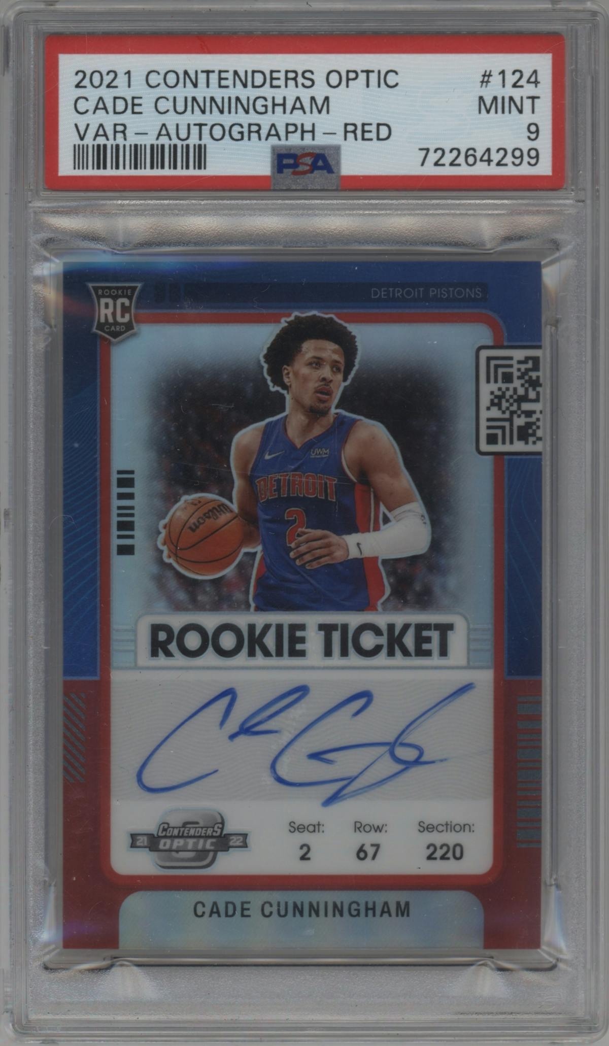 Cade Cunningham from the 2021-22 Panini Contenders Optic set featuring a Red parallel graded by PSA and given an overall grade of 9.