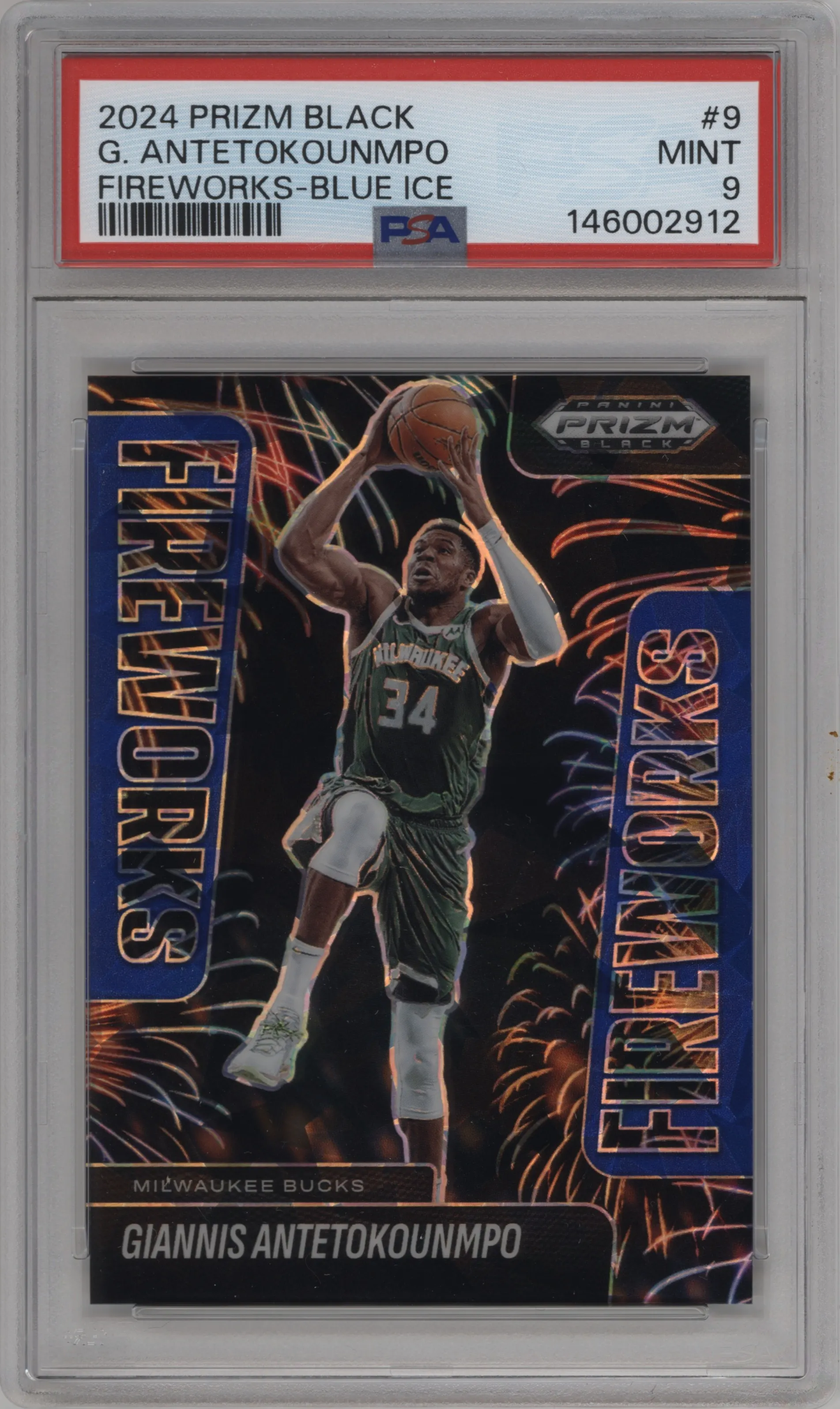 2024 Panini Prizm Black Fireworks Giannis Antetokounmpo Blue Ice #9 PSA 9