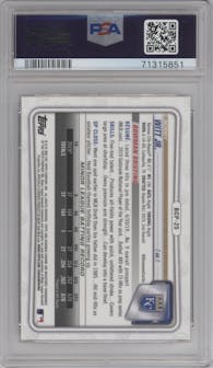 Bobby Witt Jr. from the 2020 Bowman Sapphire Edition set featuring a Orange parallel graded by PSA and given an overall grade of 9.
