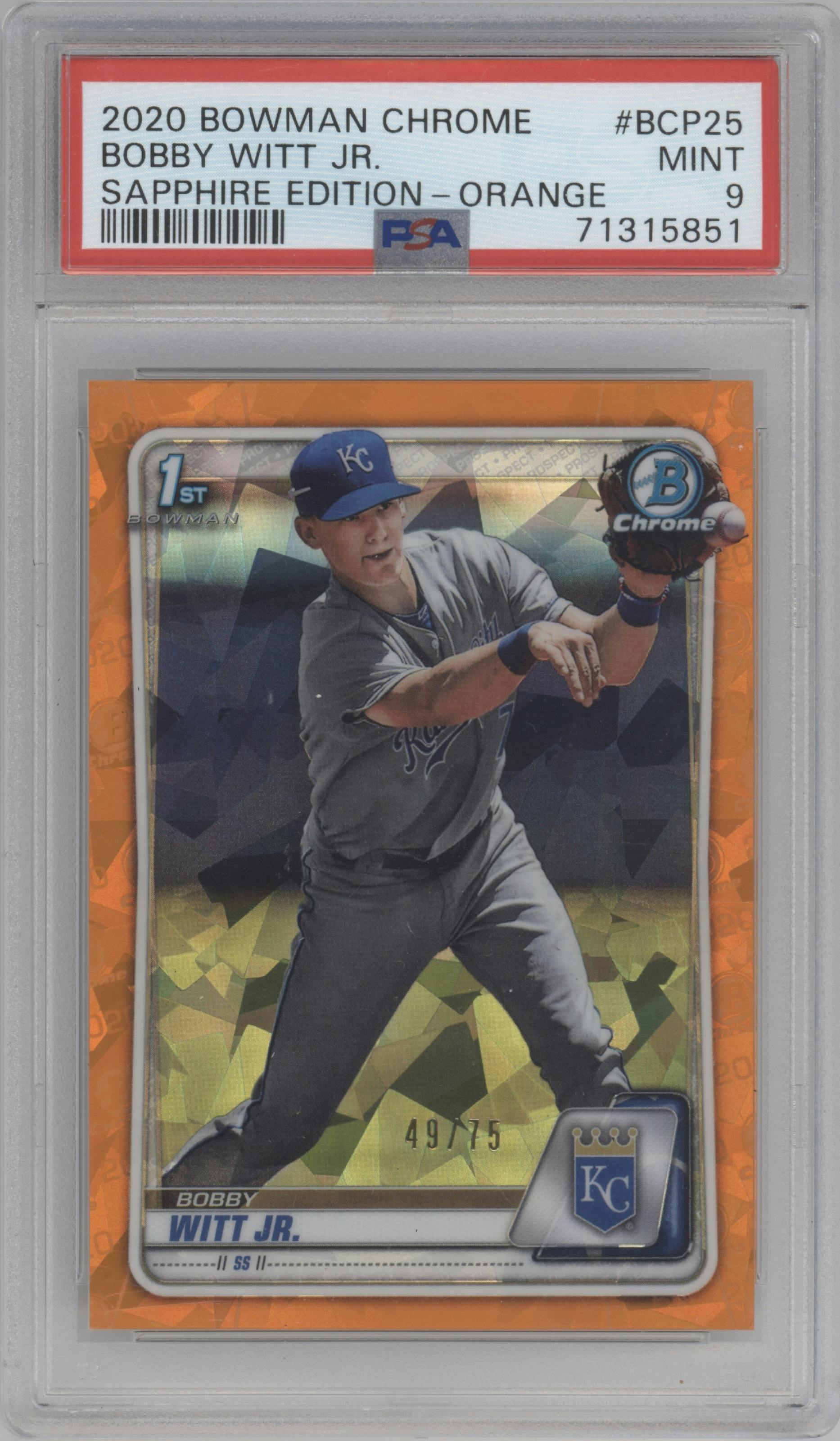 Bobby Witt Jr. from the 2020 Bowman Sapphire Edition set featuring a Orange parallel graded by PSA and given an overall grade of 9.
