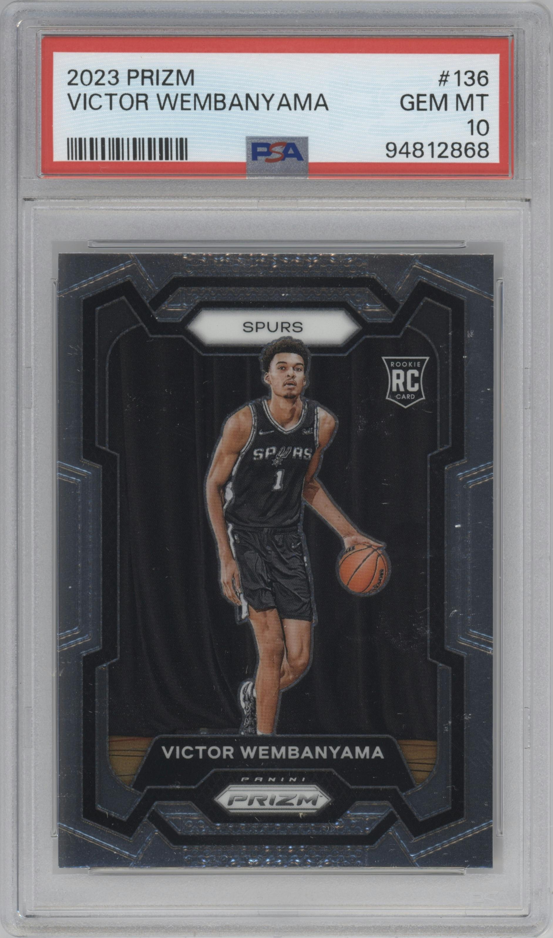 Victor Wembanyama from the 2023-24 Panini Prizm set graded by PSA and given an overall grade of 10.