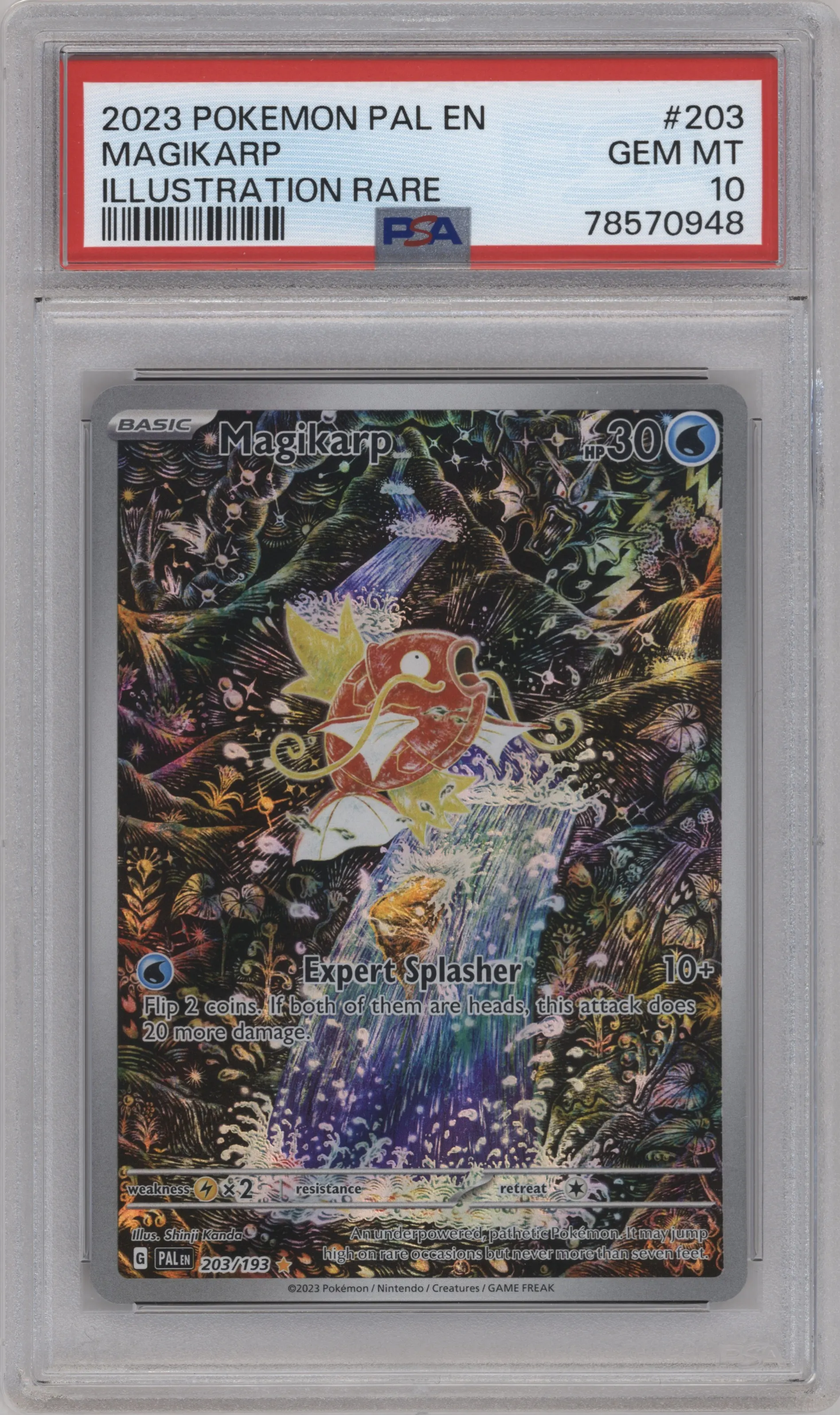 Magikarp from the 2023 Pokemon SV set graded by PSA and given an overall grade of 10.