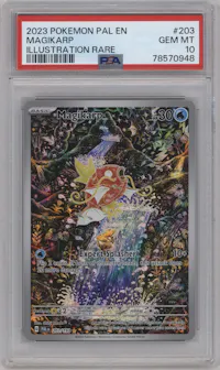 Magikarp from the 2023 Pokemon SV set graded by PSA and given an overall grade of 10.