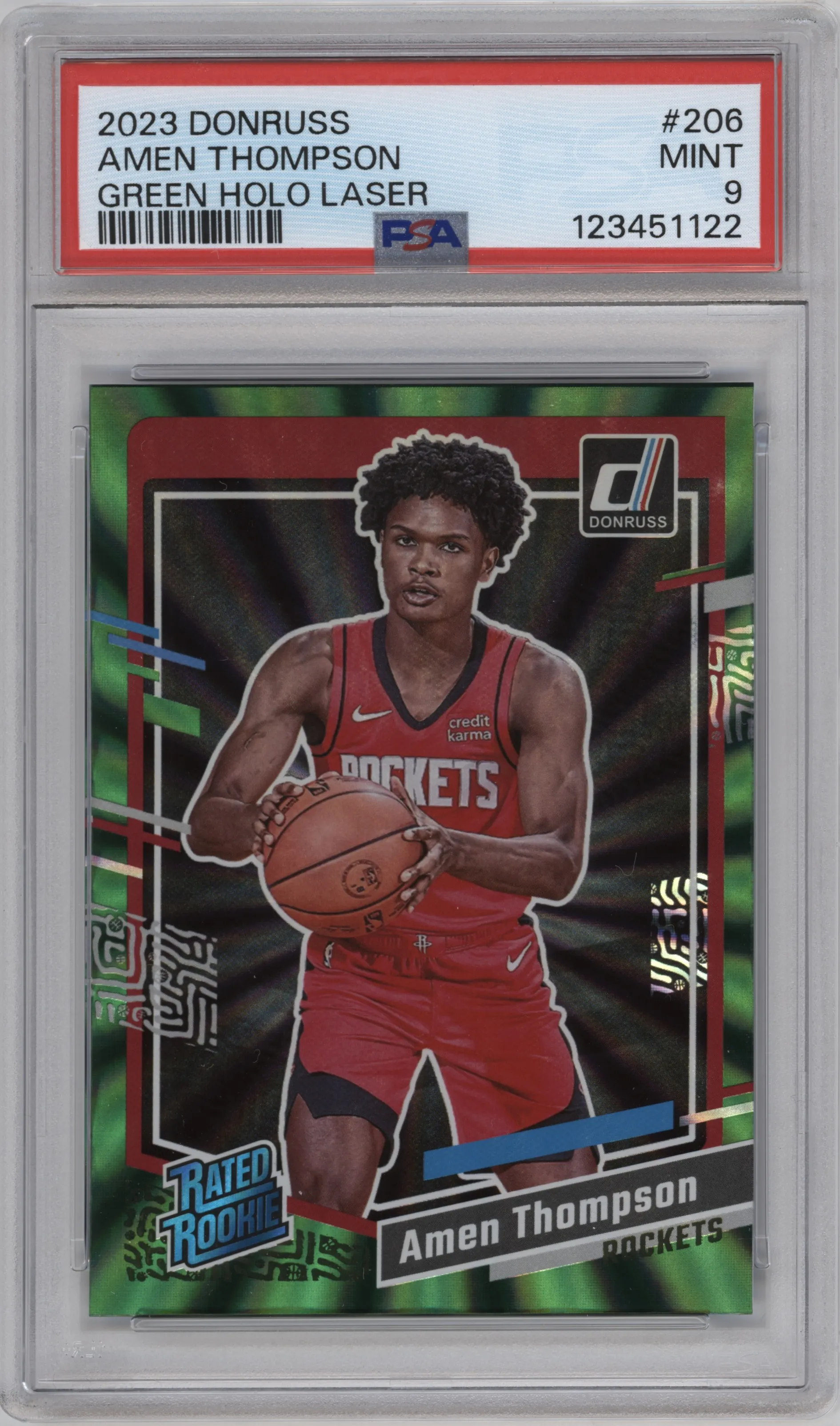 2023 Panini Donruss Rated Rookie Amen Thompson Green Holo Laser PSA 9