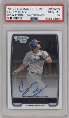 Corey Seager from the 2012 Bowman Draft set graded by PSA and given an overall grade of 10.