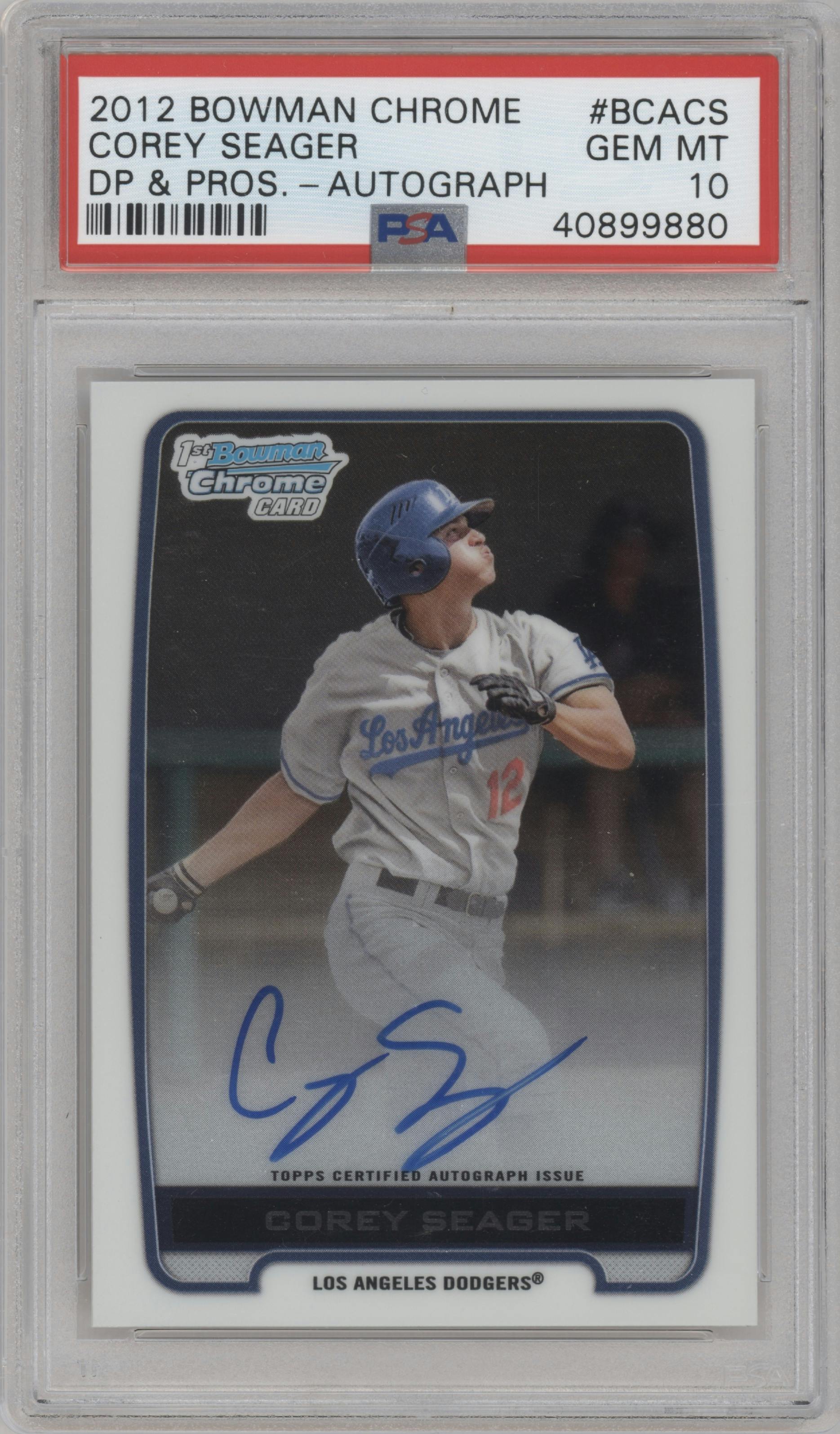 Corey Seager from the 2012 Bowman Draft set graded by PSA and given an overall grade of 10.
