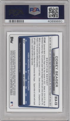 Corey Seager from the 2012 Bowman Draft set graded by PSA and given an overall grade of 10.