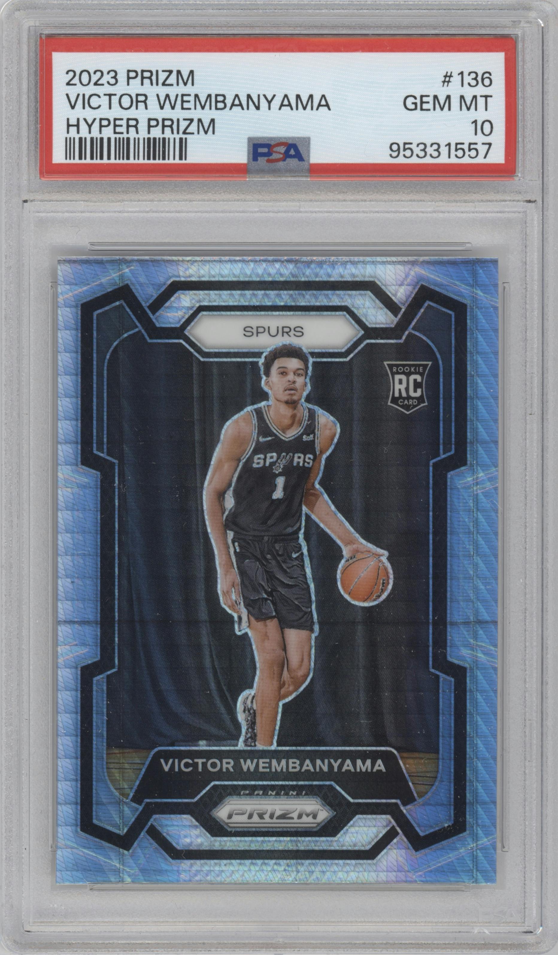 Victor Wembanyama from the 2023-24 Panini Prizm set featuring a Hyper Prizm parallel graded by PSA and given an overall grade of 10.