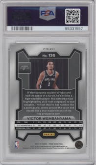 Victor Wembanyama from the 2023-24 Panini Prizm set featuring a Hyper Prizm parallel graded by PSA and given an overall grade of 10.