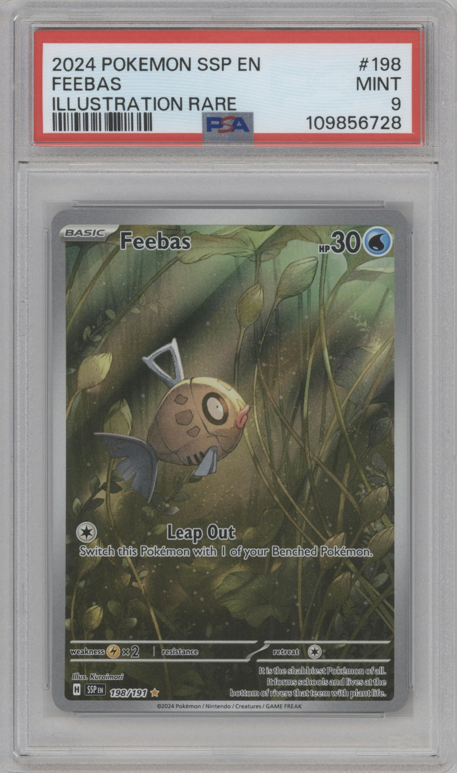 Feebas from the 2024 Pokemon SV set graded by PSA and given an overall grade of 9.