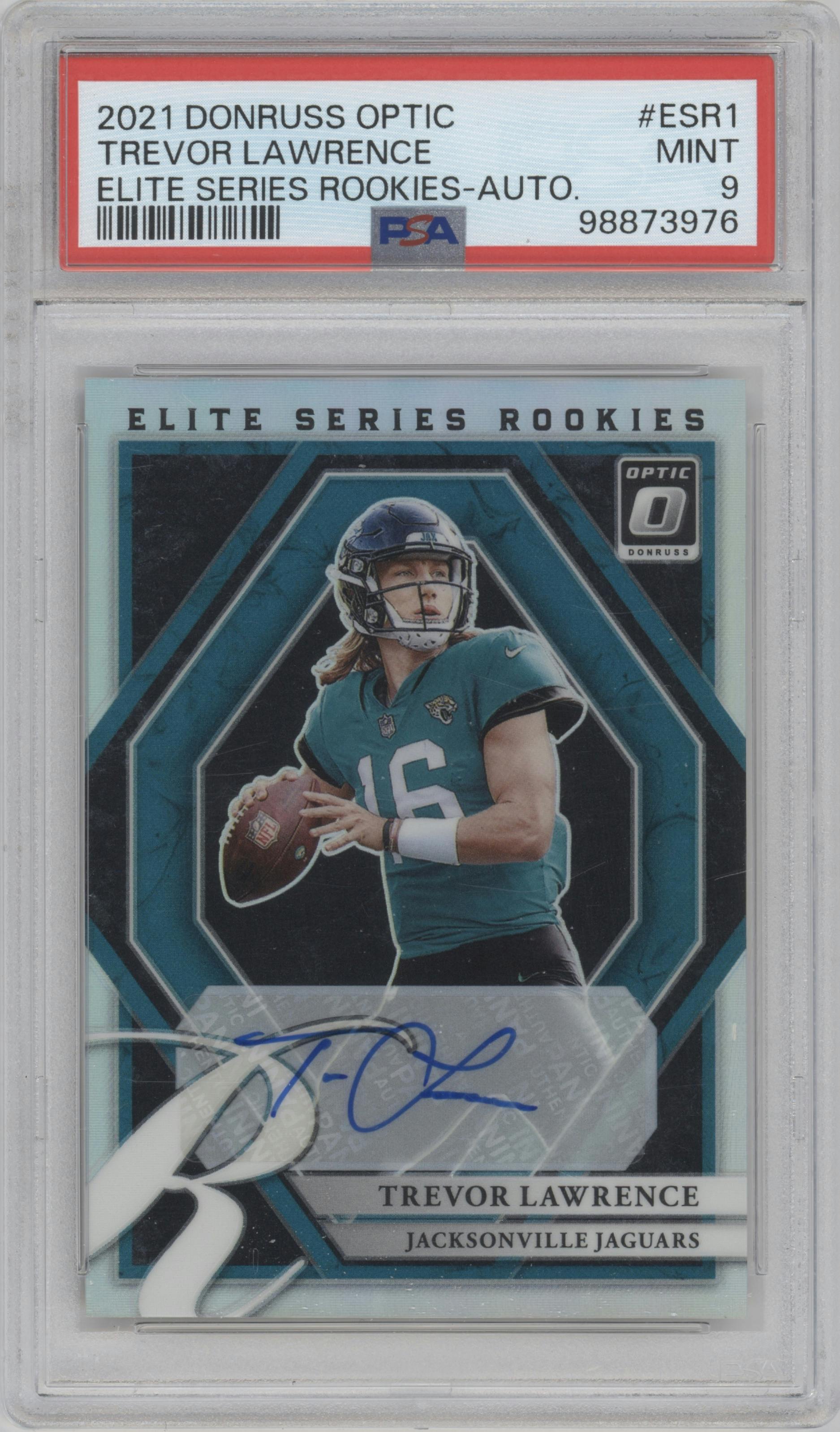 Trevor Lawrence from the 2021 Panini Donruss Optic set graded by PSA and given an overall grade of 9.