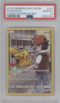 Pikachu from the 2019 Pokemon S&M  set graded by PSA and given an overall grade of 10.